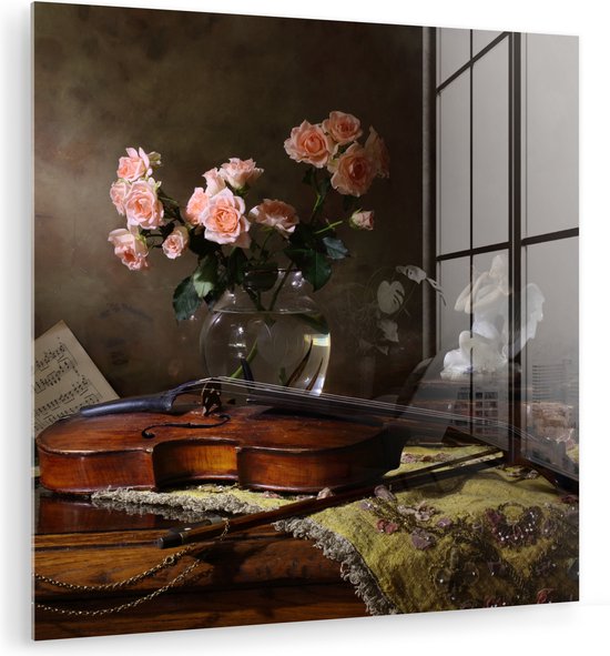 MuchoWow® Peinture sur verre 50x50 cm - Peinture sur verre acrylique - Violon - Roses - Rose - Fleurs - Nature morte - Photo sur verre - Peintures