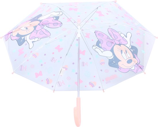 Lichtgrijze paraplu met twee prints van Minnie Mouse, roze strikken en gekleurde sterren en vlinders.