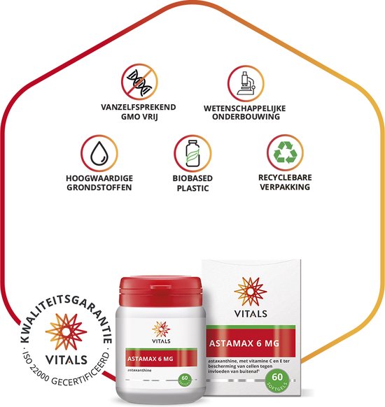 Vitals Astamax 6 mg verpakking en potje met softgels. Kwaliteitsgarantie ISO 22000 gecertificeerd.