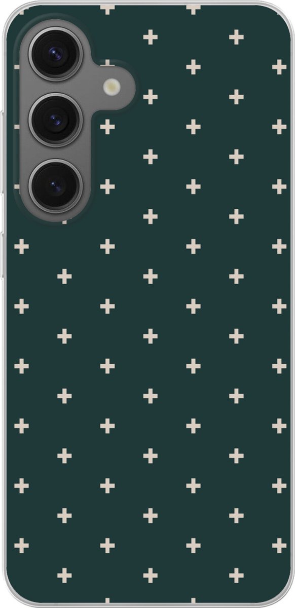 Telefoonhoesje Geschikt voor Samsung Galaxy S25 hoesje - Plusjes patroon - Groen - Wit - Print - Siliconen Telefoonhoesje Telefoonhoesje