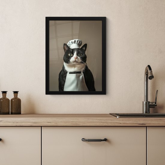 Poster in lijst - Fotolijst 30x40 cm - Posters - Kat - Kokskleding - Zwart - Wit - Posterlijst zwart - Decoratie - Wanddecoratie woonkamer - Muurdecoratie slaapkamer