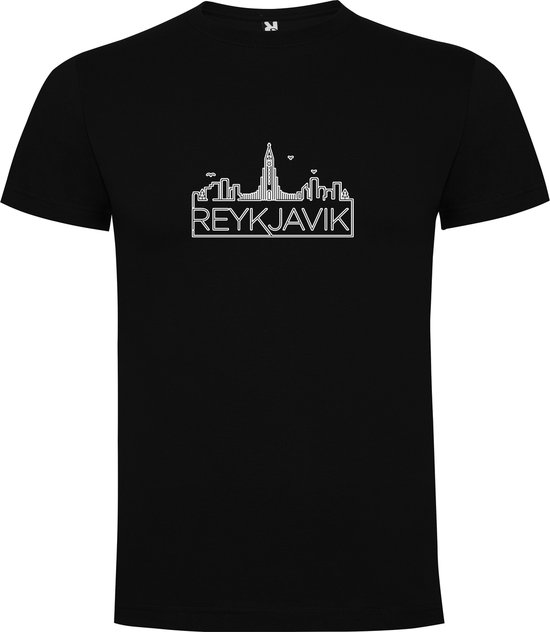 Zwart T-Shirt met “ Skyline Reykjavik IJsland – Vakantiegevoel – Strak – Modern “ Print Full Color Maat S
