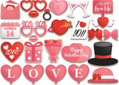 Set van 25 Valentijnsdag foto booth props met harten, brillen, lippen, een tophoed, strikken, een boeket en een kalender.