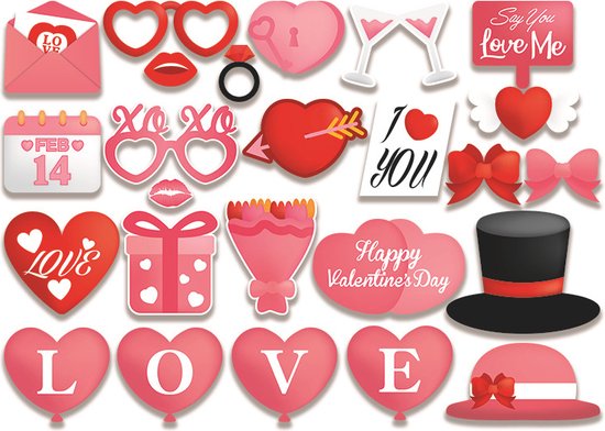 Foto prop set - valentijn - verjaardag/birthday party - bruiloft/vrijgezellenfeest - trouwen/jubileum - 25 stuks - photo booth accessoires