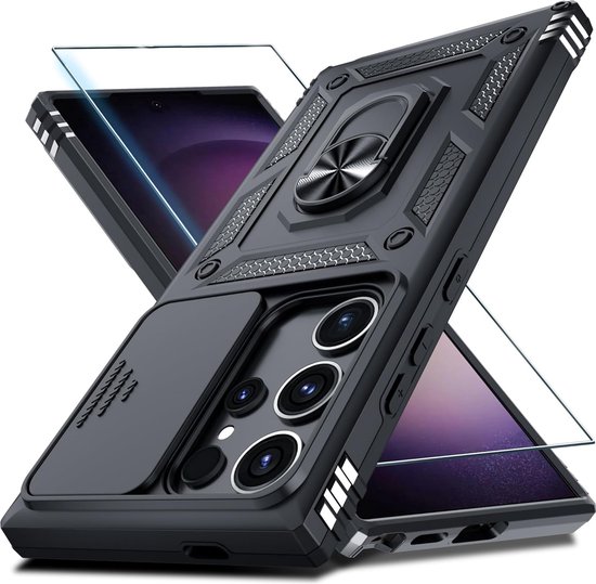 Casemania Hoesje & Glas Geschikt voor Samsung Galaxy S25 Ultra - Zwart - Anti-Shock Hybrid Armor met Kickstand Ring met Camera Bescherming - Glazen Screenprotector