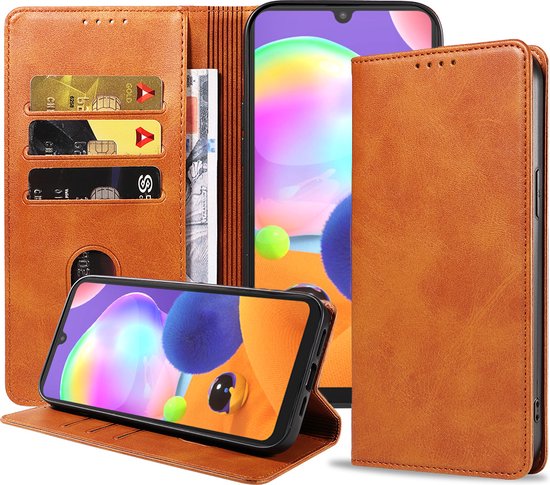 Bruine leren portemonnee hoes voor Samsung Galaxy A31 met pashouders en sta-functie.
