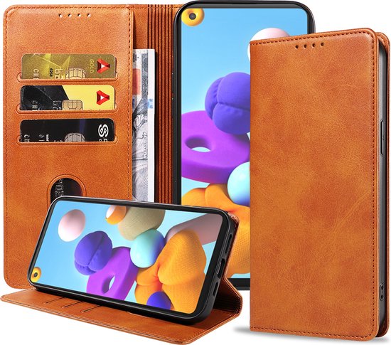 Etui en cuir Smartphonica Samsung Galaxy A21s avec fermeture magnétique et porte-cartes – Marron / Cuir / étui livre