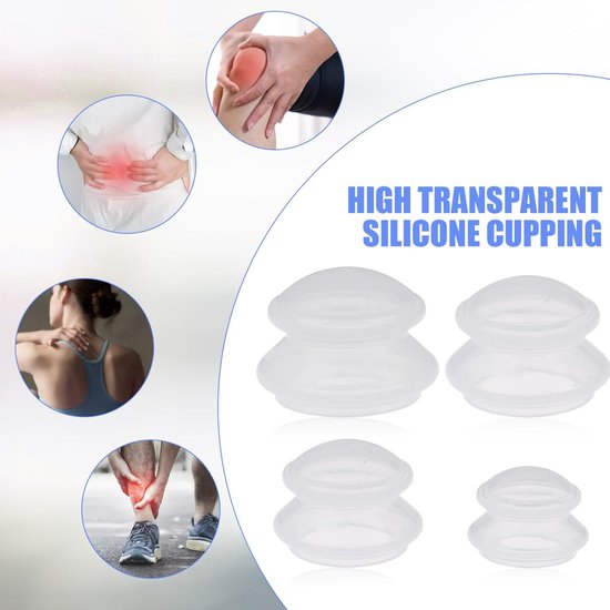 Hoog transparante siliconen cupping glazen in vier maten. Illustraties tonen pijnpunten op nek, rug, knie en enkel.