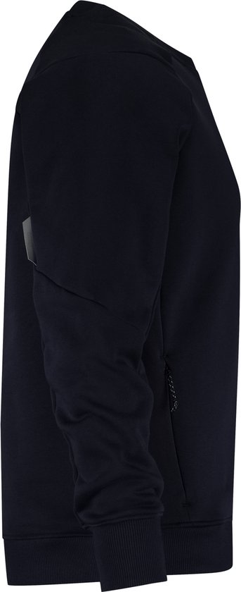 Donkerblauwe DASSY sweater, zijaanzicht, met ritsdetail op de zijkant.