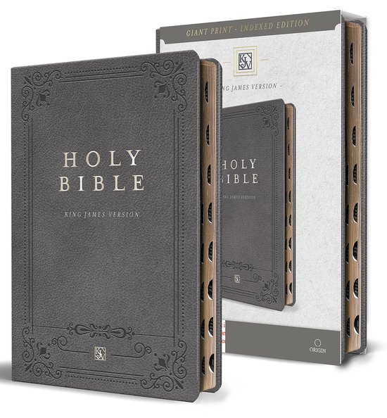 Grijze Heilige Bijbel, King James Version, met gouden randen en sierlijke gravures. "GIANT PRINT INDEXED EDITION" tekst op de verpakking.