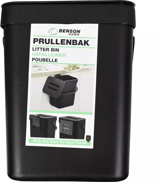 Zwarte Benson prullenbak met productinformatie, waaronder 'PRULLENBAK' en 'POUBELLE'.