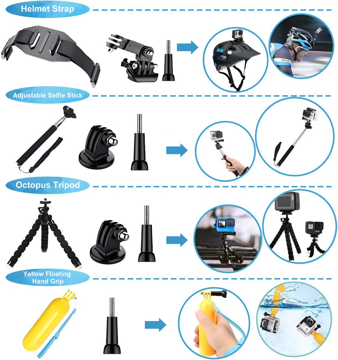 YONO Accessoires Set 50in1 geschikt voor GoPro Hero 13 12 11 10 - DJI Osmo - Insta360 - Chest Mount - Stick - Tas - Hoofdband thumbnail 3