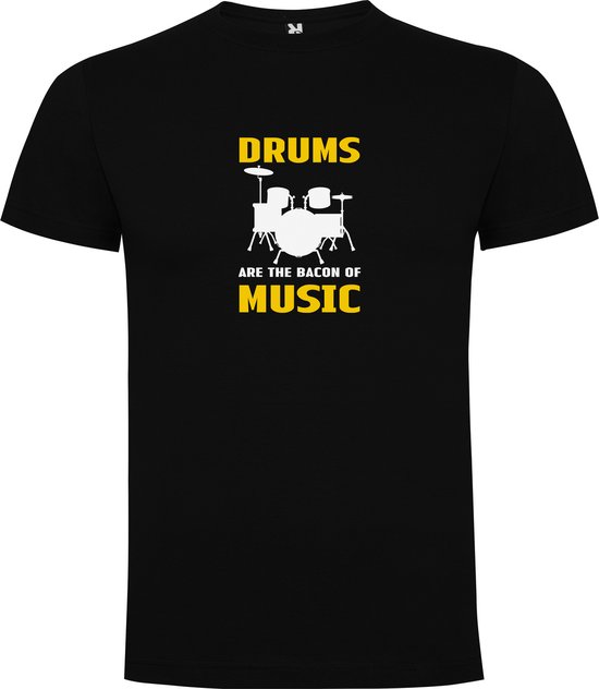 Zwart T-Shirt met Kleurrijke print “ Drums are the bacon of Music – Drums zijn de basis – Muziek – Good Vibes “ Print Full Color Maat M