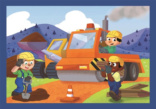 Een gele bulldozer met oranje cabine, met twee jongens met gele helmen die aan het werk zijn op een bouwplaats.