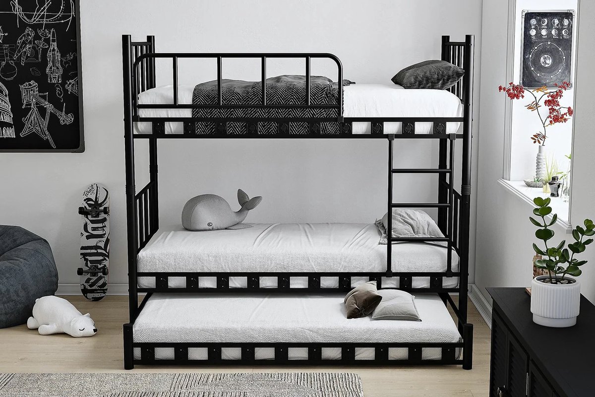 AirSleeperz® heavy duty metalen stapelbed Emma Family - kinderbed hoogslaper voor 3 personen - Kleur: zwart - Afmeting 90x200x175 cm