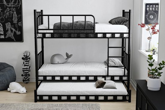 AirSleeperz® heavy duty metalen stapelbed Emma Family - kinderbed hoogslaper voor 3 personen - Kleur: zwart - Afmeting 90x200x175 cm