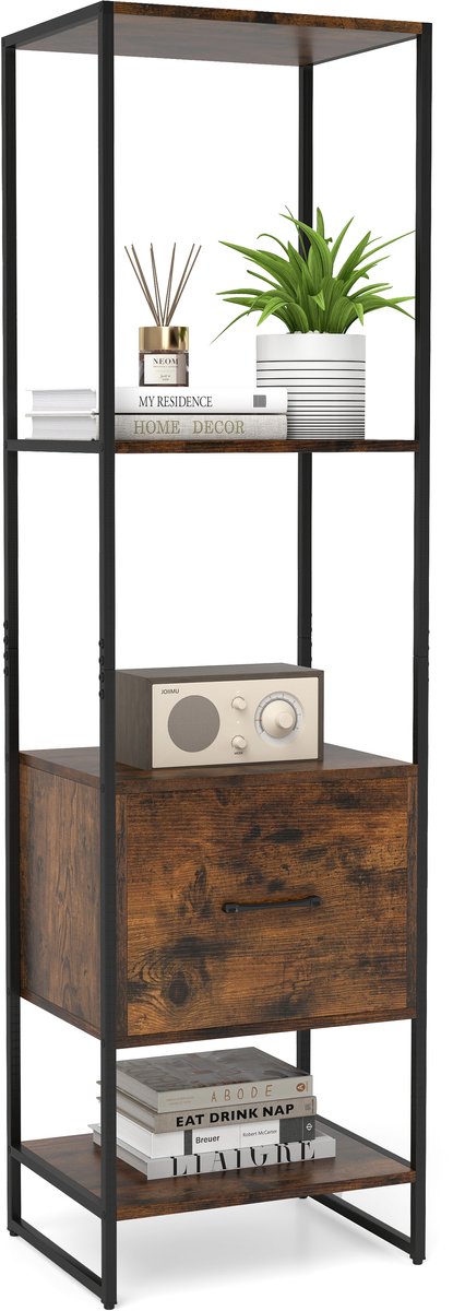 COSTWAY Boekenkast met 5 verdiepingen, boekenkast met open planken en metalen frame, staand rek, industrieel, opbergrek voor woonkamer, slaapkamer, 45 x 35 x 160 cm (bruin)