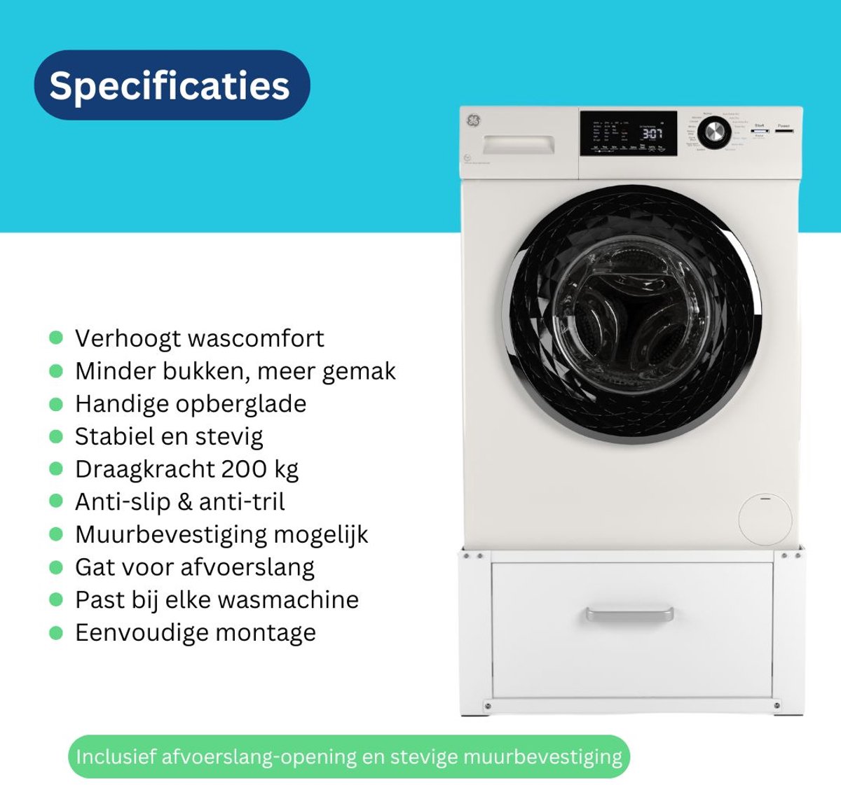 Wasophoogte® Wasmachine verhoger met lade - Wasmachine opbouwmeubel XL - Wasmachine sokkel - 31cm hoog - Wit - Universeel - 63*63 (LxB) - Inclusief wandbeugels thumbnail 8