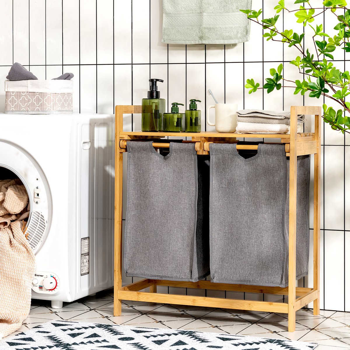 COSTWAY Wasmand met 3 vakken, wasmand met plank, 75 liter, wassorteerder met 3 afneembare zakken en metalen frame, uittrekbare wasmand voor waskeuken, badkamer, slaapzaal (3 vakken