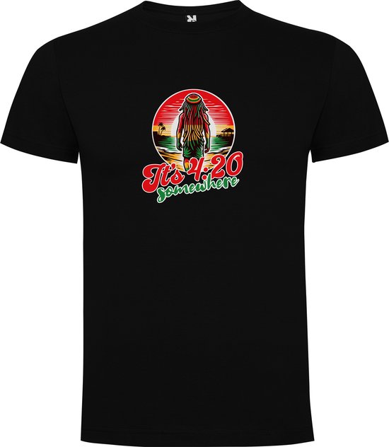 Zwart T-Shirt met Kleurrijke print “ Reggae – It's 4.20 somewhere – Muziekstijl _ Vrijheid “ Print Full Color Maat L