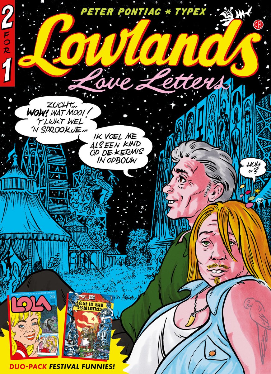 Cover van Lowlands Love Letters, met twee stripfiguren en een kermis. De tekst "Lowlands" in grote letters.