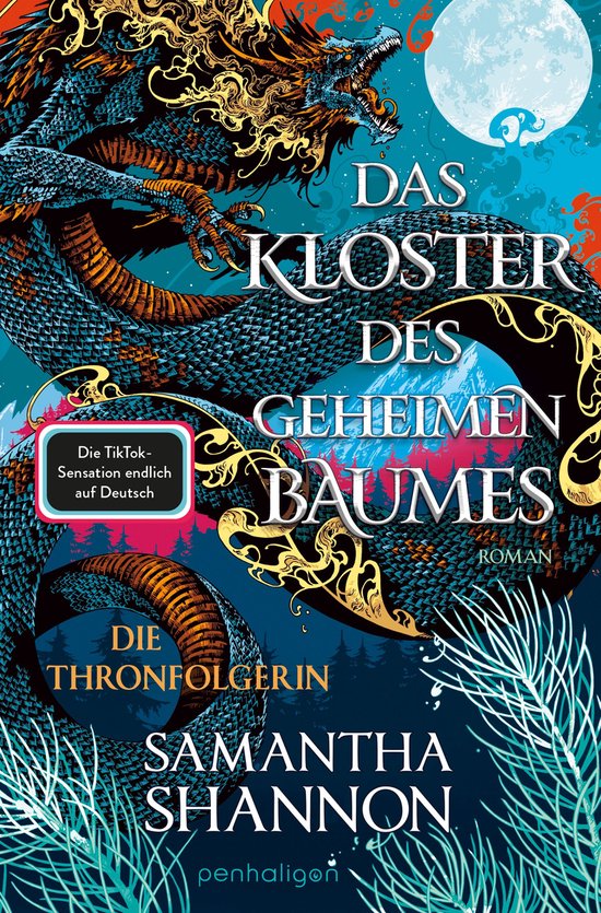 Boekomslag met een blauwe en oranje draak die kronkelt onder een maan. Titel: Das Kloster des Geheimen Baumes.