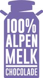 Paars logo van een melkbus met '100% Alpen Melk Chocolade' erop.