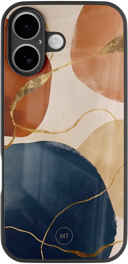 Coque iPhone 12 avec formes abstraites marron, beige, bleu et lignes dorées.