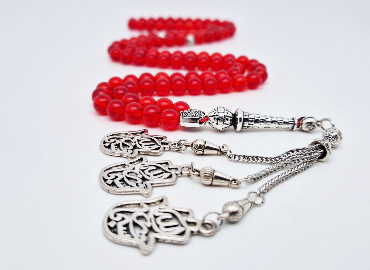 Handgemaakte tesbih "Tasbih" natuursteen "Rode kwarts" - Aantal kralen 99 - Diameter kralen 8MM - met metaal tassel "Maryams handpalm" - Een mooi cadeau-idee