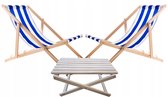 Set de 2 chaises de plage avec table en bois - bleu à rayures blanches