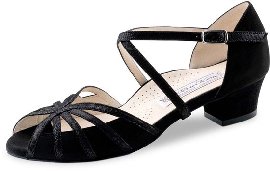 JUODVMP Vrouwen Peep Toe Strass Glitter Latin Dansschoenen Crossing Strap Professionele Moderne Salsa Ballroom Prestaties Dansschoenen Model QJW1025, Qjw9003 Zwart 8 5 Cm Hak, 39.5 EU