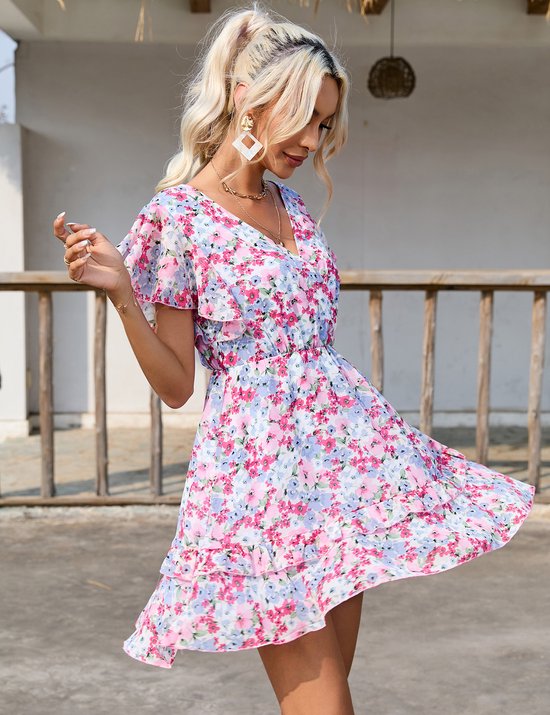 Dames Zomerjurk V Hals Korte Mouw Hoog Laag Wikkeljurk Korte Mini Jurk A-lijn Fan XL