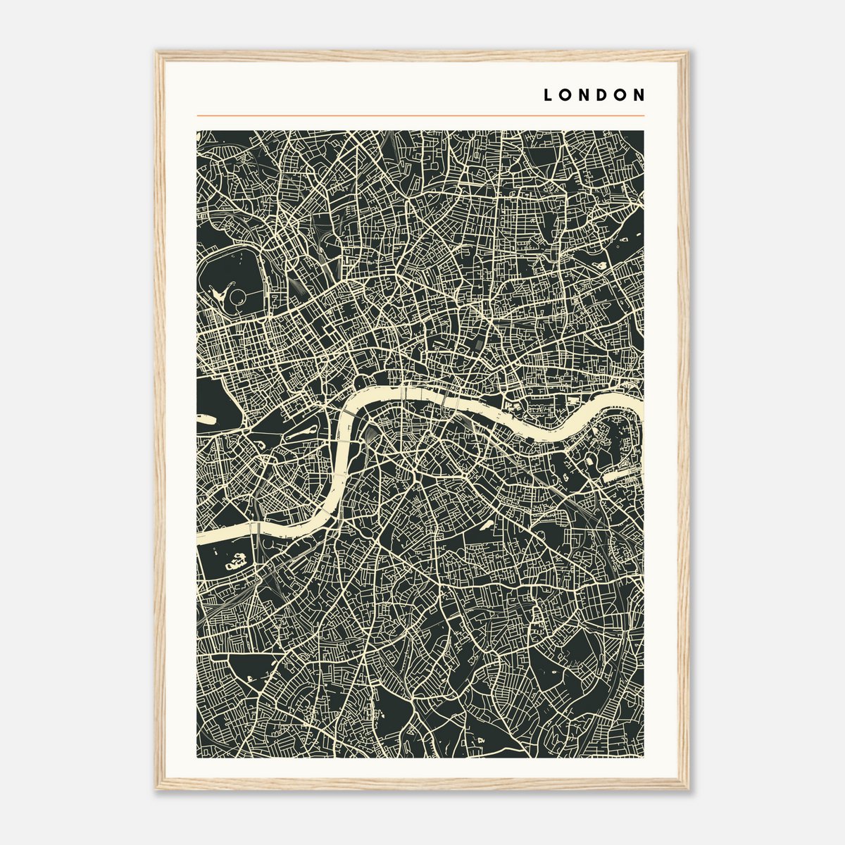 Moderne minimalistische plattegrond van Londen - Stadskaart donkergrijs/beige - Stijlvol design city map poster - Groot formaat 50x70 cm - Premium papier