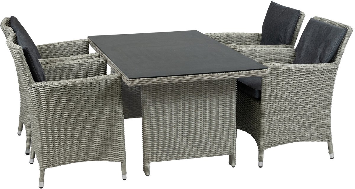 Tuinset met 4 Verone tuinstoelen in Mystic Grey en tuintafel Dublin 145x85cm Mystic Grey.