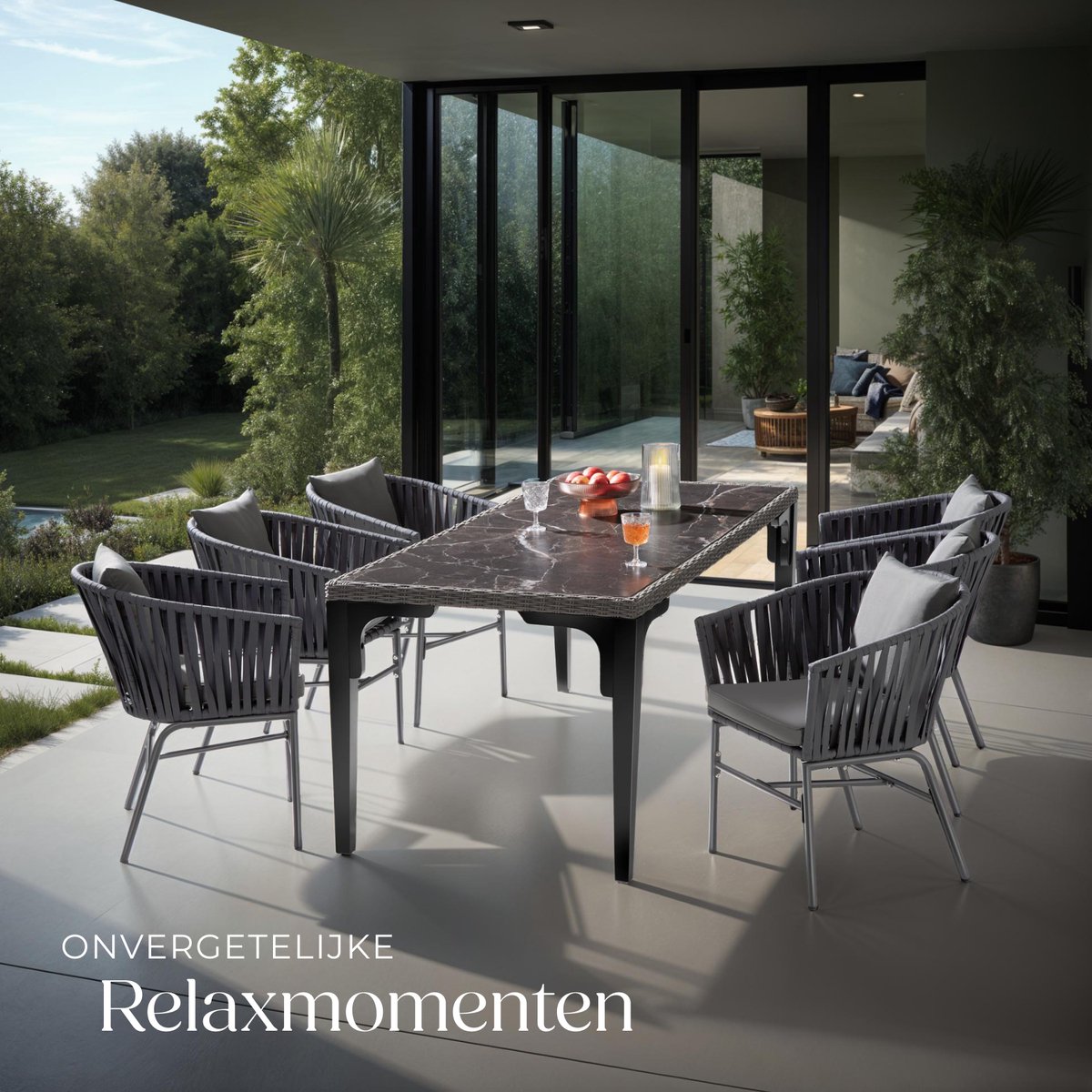 tectake® Tuinstoelen Valeiras - Set van 6 - Metalen Buitenstoel met Rope Design - Terrasstoel met Armleuningen - Tuinstoel - Tuin Fauteuil - Tuinmeubels - Tuinset met Waterafstotende Kussens en Verstelbare Poten – foto 7