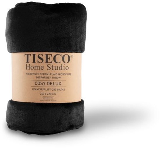 Zwarte Cosy Delux microvezel plaid, opgerold met een bruine wikkel met productinformatie.
