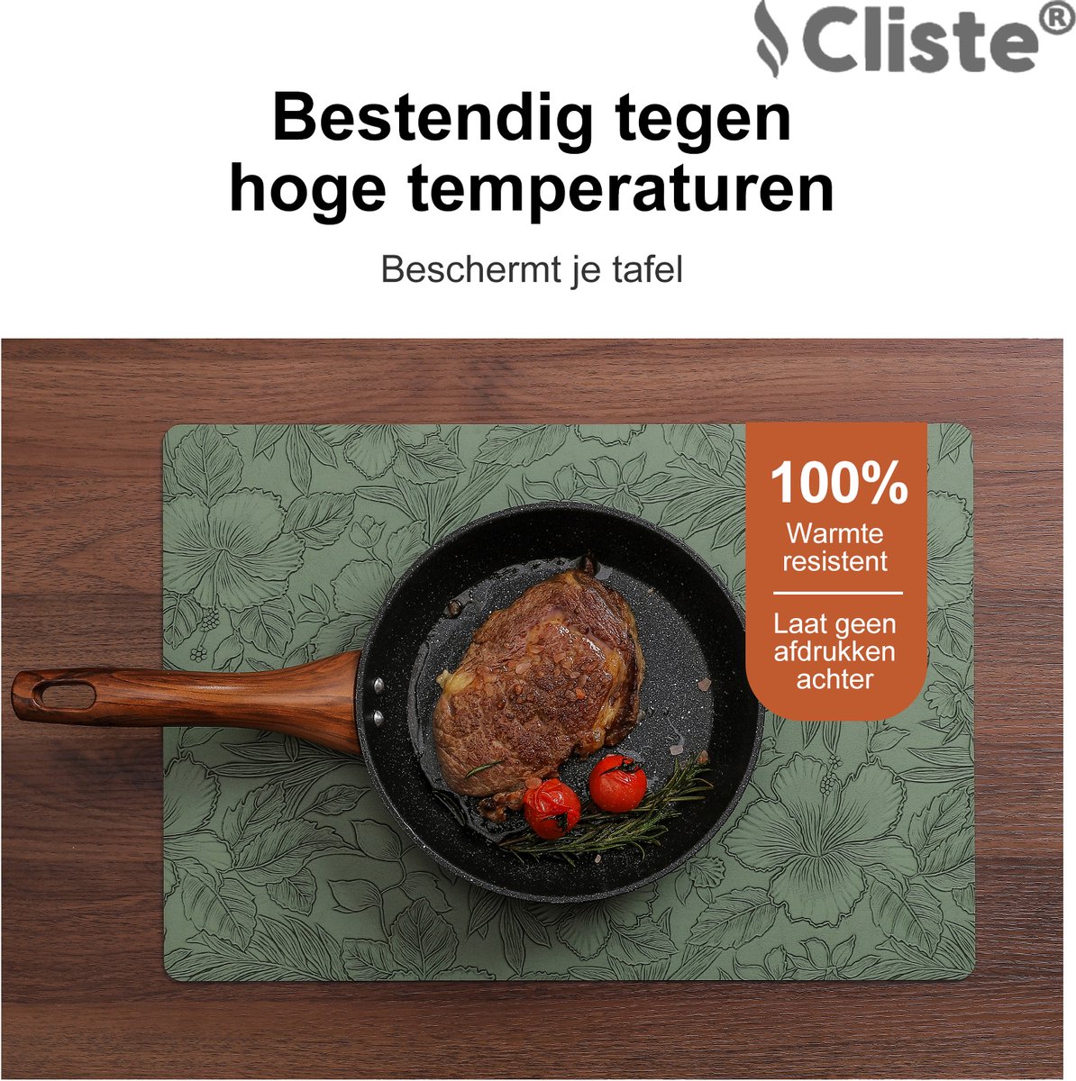 Cliste Groene Leren Placemats Set van 6 - Bladerenprint - Afwasbaar & Waterafstotend - Hittebestendig - Luxe Tafeldecoratie - 45x30cm — cadeau in Wonen & Interieur - foto 5