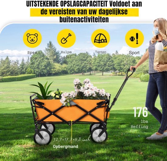 Opvouwbare Bolderkar - Kinderenvervoer - Oranje - Verstelbare Handgreep - 80KG - 90L van Opvouwbare Bolderkar — afbeelding 2