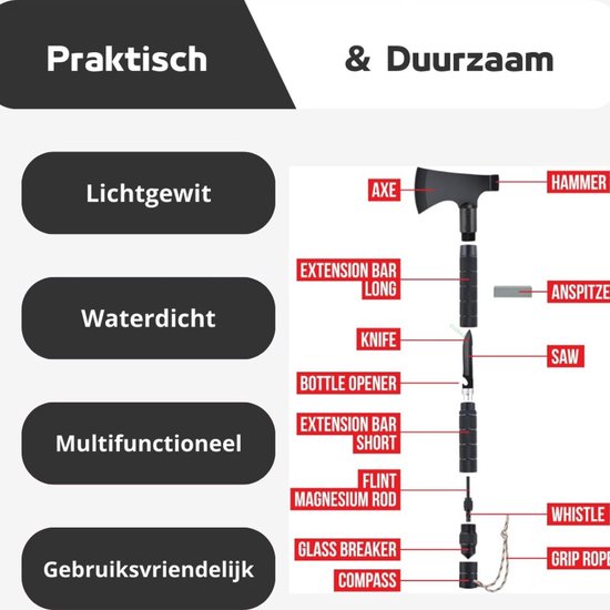 Overlevingspakket - Survival Bijl - 11-in-1 Multitool Bijl - Outdoor bijl met 11 Functies - Bijl, Vuursteen, Mes, Wetsteen, Zaag, Hamer en Nog Veel Meer - Ideaal Overlevingsgereedschap - Zwart — afbeelding 2