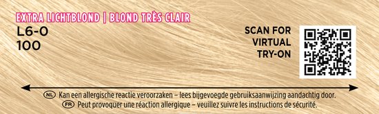 Kleuraanduiding "EXTRA LICHTBLOND | BLOND TRÈS CLAIR L6-0 100". Voorbeeldfoto van blond haar. "SCAN FOR VIRTUAL TRY-ON"..
