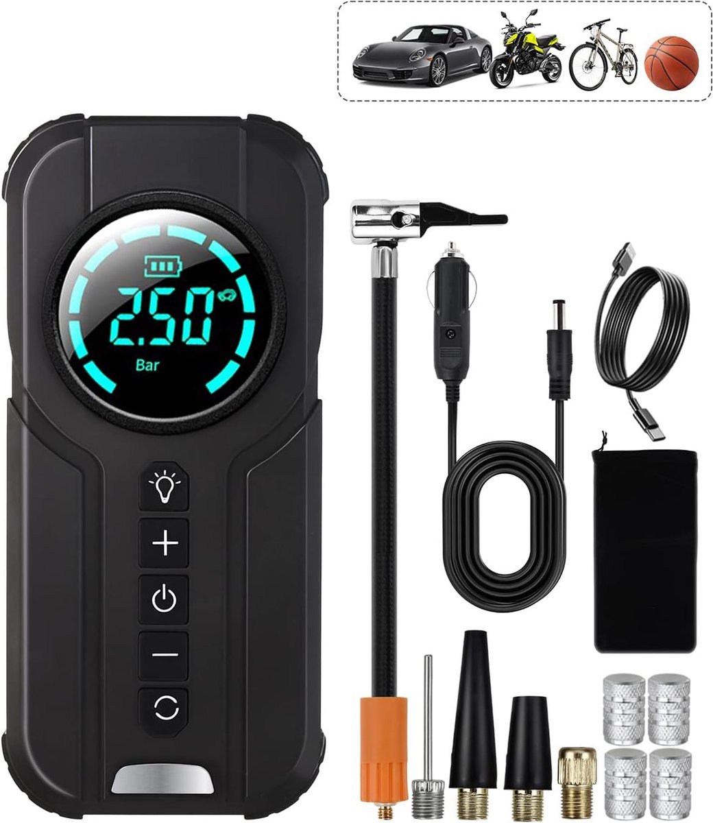 Elektrische Fietspomp - 7200 mAh Oplaadbare Luchtpomp - 180 PSI - Draagbare Compressor voor Fiets, Auto, Motorfiets, Basketbal - Oplaadbare Luchtpomp met Digitale Drukmeter