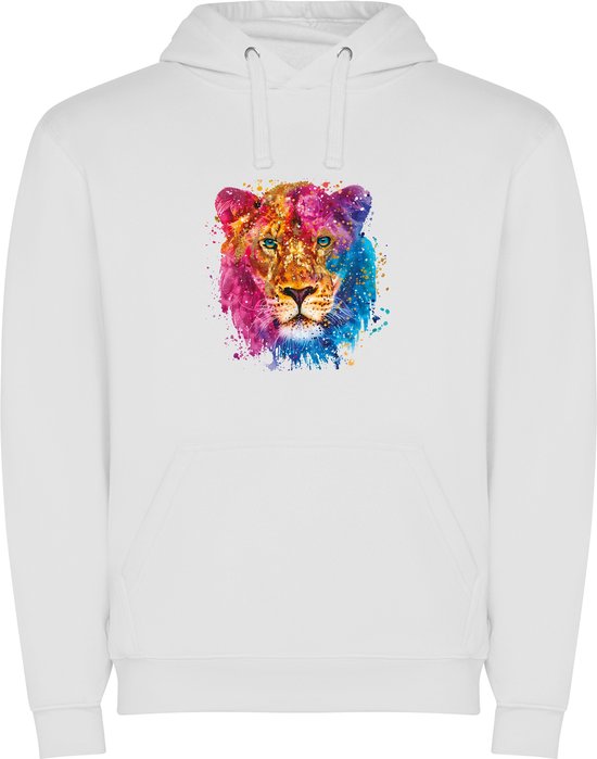 Witte hoodie met een veelkleurige, artistieke print van een leeuwenkop.