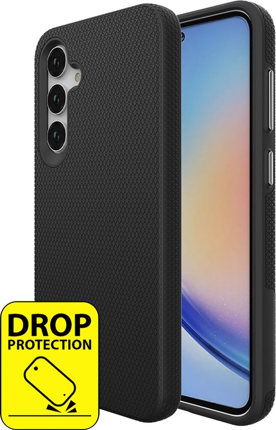 Zwarte smartphonehoes met textuur en "DROP PROTECTION"-sticker.