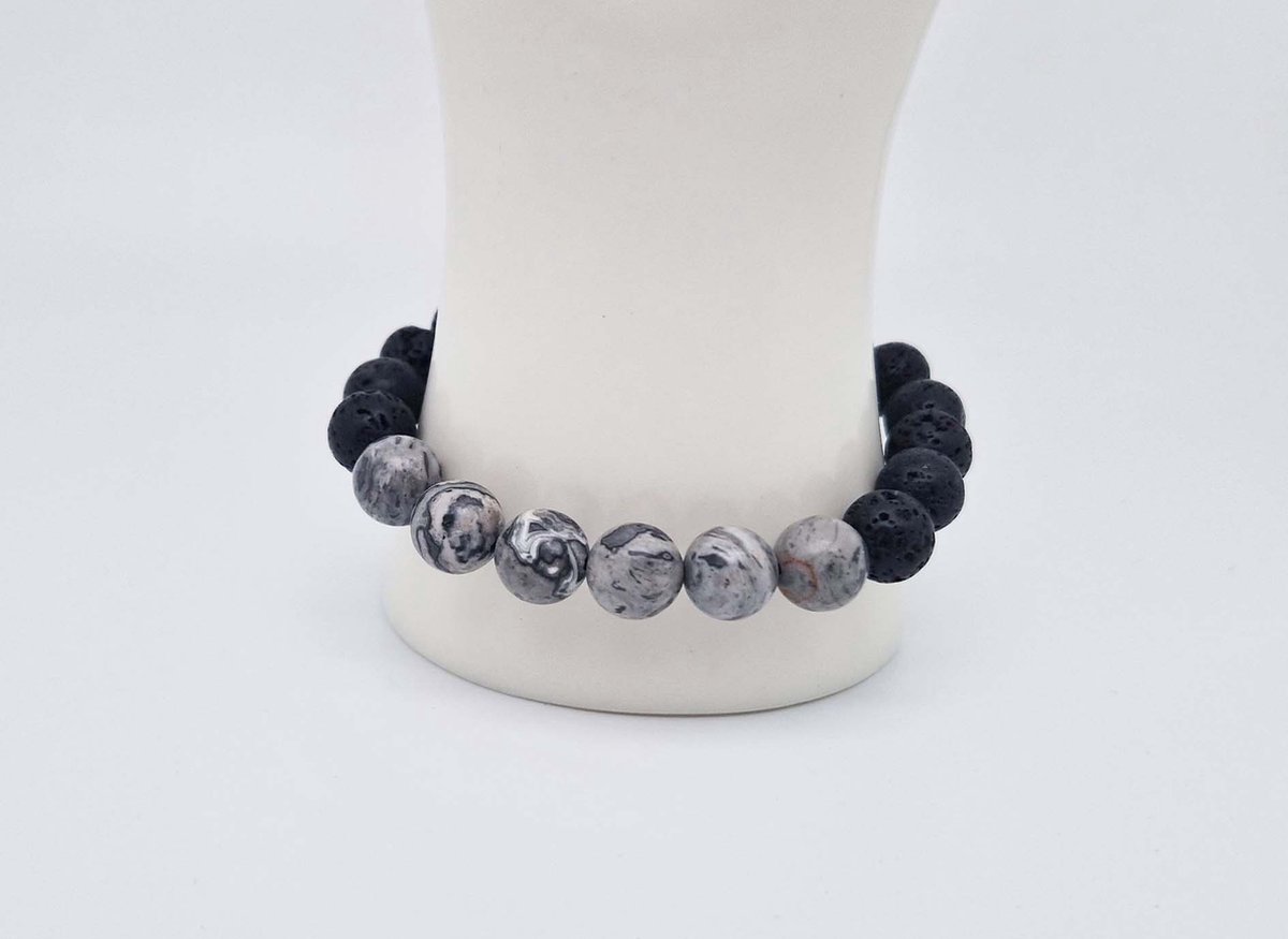 Handgemaakte "Armband Vulkanische" natuurstenen armband “Lava Donker -Map Jaspe ” - 10 mm diameter van de korrel- Diameter armband 20 cm - Een mooi cadeau voor familie en vrienden