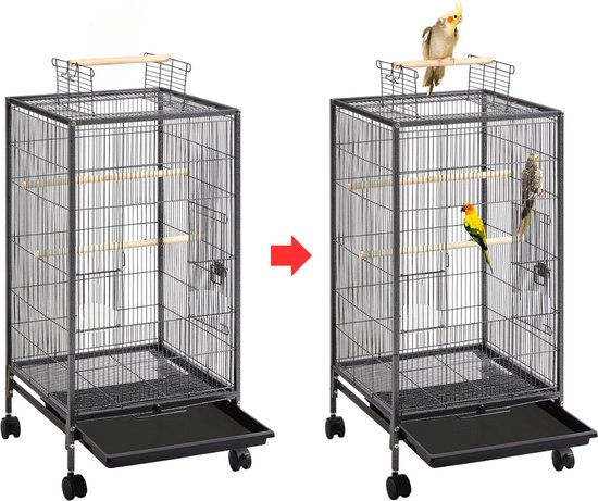 VELTRR® Luxe Grootte Papegaaienkooi op Wielen - Parkietenkooi - Grote Vogelkooi voor Binnen - Inclusief Speelgoed - Met Badhuis - Zwart