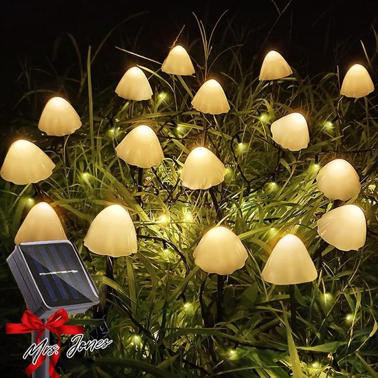 Mrs. Jones Lichtsnoer op zonne-energie voor buiten 12 leds paddenstoel 8 modi weerbestendig tuinverlichting decoratie stoep paden bruiloft kerstboom Pasen warmwitje .