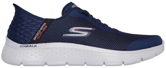 Zijaanzicht van een marineblauwe Skechers Go Walk Flex Slip-ins sneaker met witte zool.