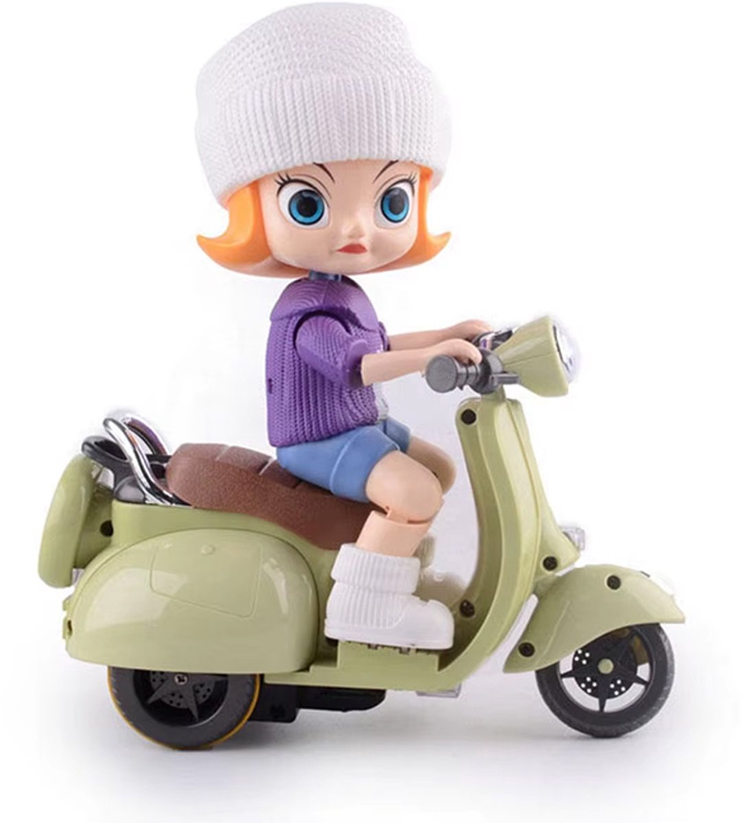 Motor - Scooter met Licht, Geluid en kan zelf rijden - Bump&Go - incl. poppetje en batterijen - pop met scooter - Motorcycle Doll