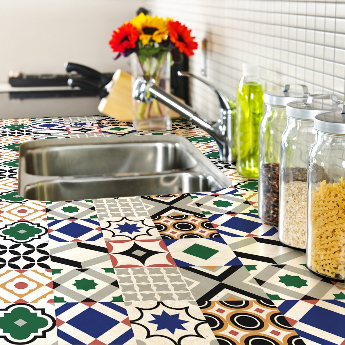 Ambiance Sticker Zelfklevende tegelmuurstickers voor keuken en badkamer - 30 cementtegelstickers voor meubels van Herrero - 30 stickers 15x15cm Multi color