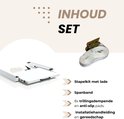 Inhoud set: witte stapelkit met lade, spanband, 8x anti-slip pads en installatiegereedschap.